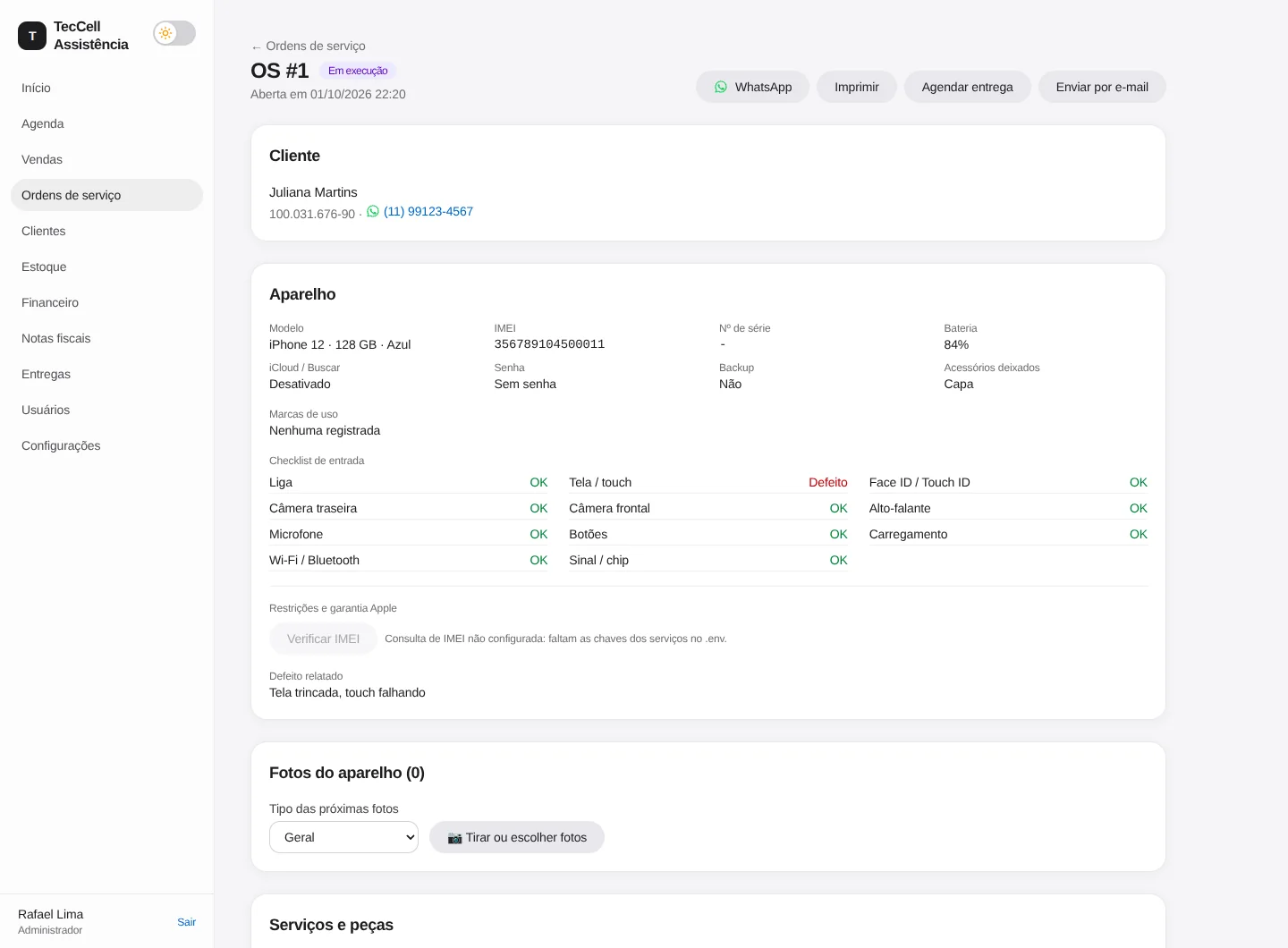 Ficha de uma ordem de serviço no iDesk, com dados do aparelho, checklist de entrada e defeito relatado